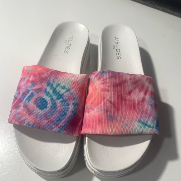 J Slides Blue Pink Tie Dye Brit Stretch Chunky Platform Slip On Sandals NWOT 8.5 - Picture 2 of 16
